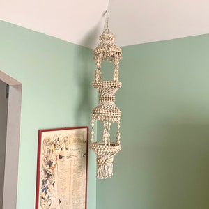 Vintage Seashell Cowrie Plant Hanger | 43&quot; Tiered Cowrie Hanging Planter | Mid Century Seashell Cowrie Macrame Plant Holder | Boho Planter