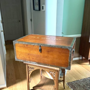 Vintage Large Wood Trunk With Wooden Trays | Wood and Brass Storage Trunk | Wooden Officers Mess Chest | Wood Chest with Brass Hardware