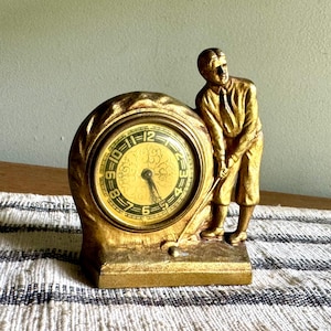 Vintage Lux Clock MFG. Co. Travel Clock | Gold Gilded Golf Wind Up Clock | Ornate Small Golfer Clock | Small Gold Golfer Clock