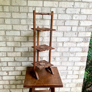 Vintage Carved Wood Three Tier Folding Cake/Pie Stand | Carved Wood Folding Pie Shelves | Wood Inlayed Pie Stand | Wood Plant Stand