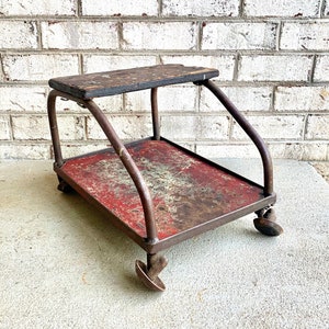 Vintage Distressed Metal Mechanics Stool | Industrial Automotive Rolling Stool | Rustic Metal Wall Decor | Red Distressed Metal Plant Stand