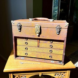 Vintage Eiche Maschinist Werkzeugkiste | Werkzeugkiste aus Holz | Eiche Gesellentruhe | 6 Schubladen Holzwerkzeugkasten Ohne Frontabdeckung | Holz Werkzeugkiste