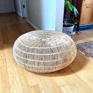 Vintage Woven Rattan Round Ottoman | Woven Wicker Round Coffee Table | Round Boho Style Table | Woven Wicker Ottoman