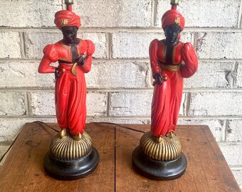 Mid Century Lamp Set | Pair of Arabian Figurine Chalkware Lamps | Pair of Nubian Blackamoor Genie Lamps | 1950s Set of Lamps | Chalk Ware