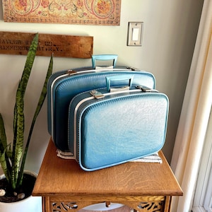 Vintage Pair of Small Blue Vinyl Suitcases | Blue Vinyl Overnight Bags | Small Blue Vinyl Weekenders | Nesting Suitcases |Blue Kids Suitcase