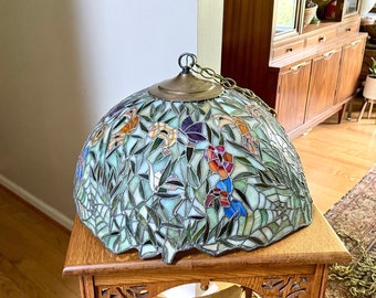 Vintage Large Lead Stained Glass Chandelier | HT Tiffany Style Cob Web Stained Glass Hanging Lamp | 23" Stained Glass Floral Pendant Lamp