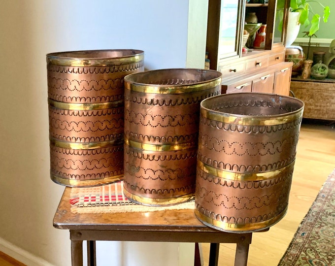 Set of 3 Copper Nesting Trash Cans Stamped Copper Trash Cans Hand