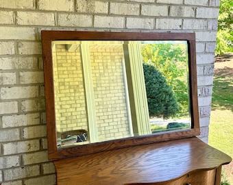 Antique Wood Framed Beveled Mirror | Rustic Wall Mirror | Distressed Wood Frame Mirror | Hanging Framed Mirror | Patina Mantel Mirror