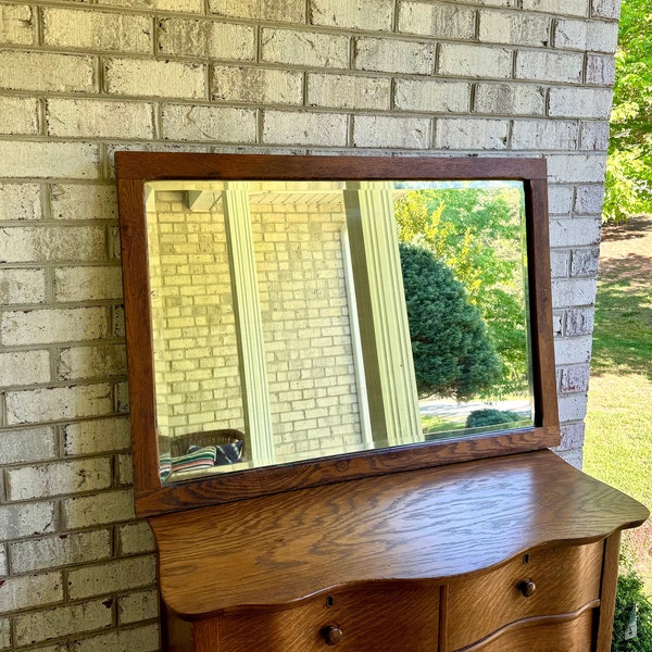 Antique Wood Framed Beveled Mirror | Rustic Wall Mirror | Distressed Wood Frame Mirror | Hanging Framed Mirror | Patina Mantel Mirror