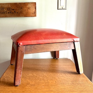 Vtg. Orange Mid Century Wood Ottoman | Faux Leather Foot Stool | Rustic Orange Vinyl Ottoman | Distressed Orange Vinyl and Wood Footstool |