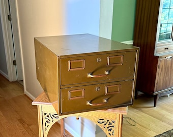 Vintage Rustic Large Industrial Filing Cabinet | Green Metal Index Card Cabinet | Two Drawer Storage | Industrial Storage Bin | File Cabinet