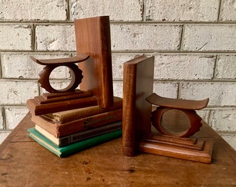 Vintage MCM Wood Bookends | Danish Modern Wood Bookends | Unique Wooden Bookends | Art Deco Wood Bookends |
