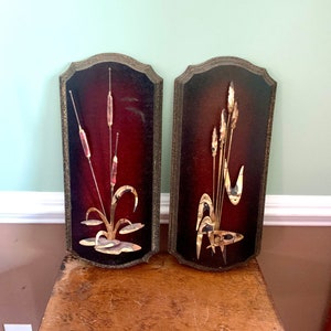 Vintage Pair of MCM Brass Wall Art | Brass Brutalist Cattails and Wheat Art | Metal Coastal Wall Art | MCM Brass Metalwork