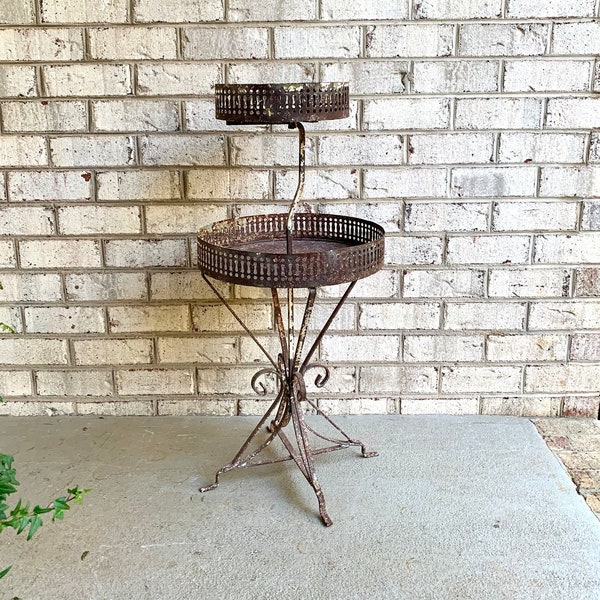 Vintage Metal Two Tier Plant Stand | MCM Rustic Display Stand | Distressed Metal Wire Plant Stand | Wrought Iron Display Stand