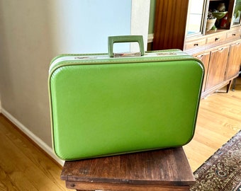 Vintage Small Green Vinyl Suitcase | Avocado Green Vinyl Overnight Bag | Small Green Vinyl Weekender | Olive Green Kid's Suitcase