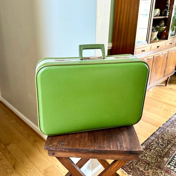 Vintage Small Green Vinyl Suitcase | Avocado Green Vinyl Overnight Bag | Small Green Vinyl Weekender | Olive Green Kid's Suitcase