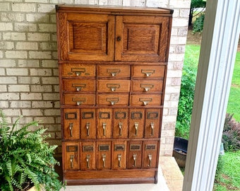 Antique Yawmen & Erbe Wood Filing Cabinet | Wooden 20 Drawer Library Index Card Catalog | Wooden Filing Cabinet | Storage Cabinet