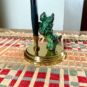 Vintage Brass Scotty Dog Pen Holder | Bronze Dog Desk Decor | Bronze Scottish Terrier Figurine Pen Holder | Brass Pen Holder |