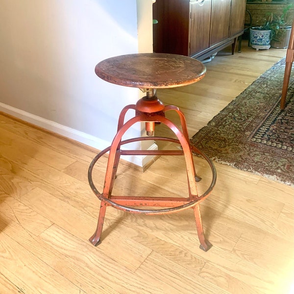 Vintage Industrial Metal Stool | Parent Metal Products Stool With Wood Top | Industrial Factory Stool | Red Metal Factory Stool