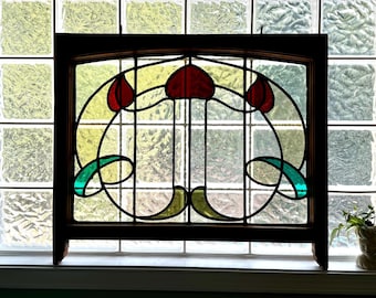 Antique Leaded Stained Glass Window | English Stained Glass Framed Panel| Floral Design Leaded Stained Glass Panel| Late 1800&#39;s early 1900&#39;s