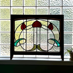 Antique Leaded Stained Glass Window | English Stained Glass Framed Panel| Floral Design Leaded Stained Glass Panel| Late 1800&#39;s early 1900&#39;s