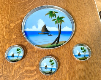 Vintage Metal Reverse Hand Painted Coastal Tray and Coasters | Island Decor Serving Tray and Coasters | Coastal Barware | Coastal Decor