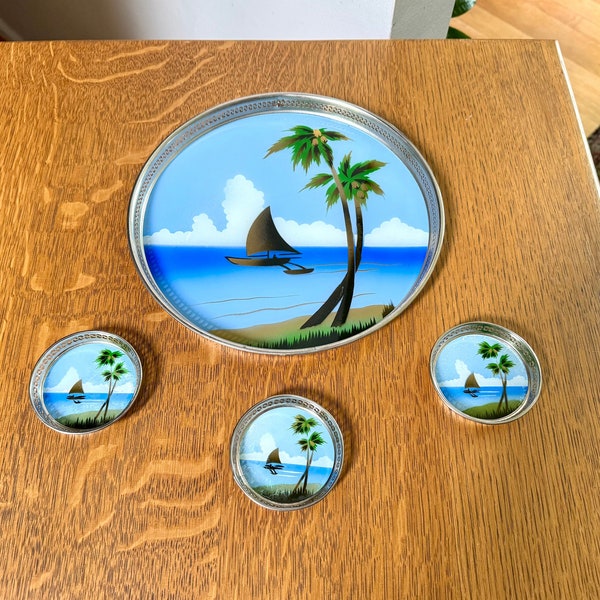 Vintage Metal Reverse Hand Painted Coastal Tray and Coasters | Island Decor Serving Tray and Coasters | Coastal Barware | Coastal Decor