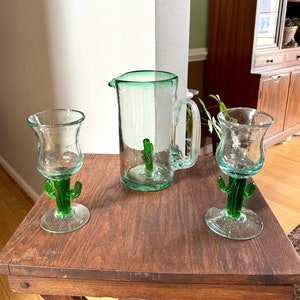 Vintage Mexican Glass Margarita Pitcher and Glasses | Hand Blown Saguaro Cactus Cocktail Set | 2 Hand Blown Southwest Glasses and Pitcher