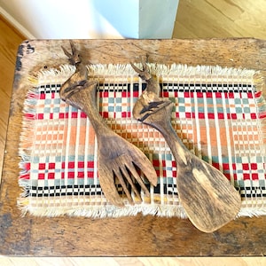 Vintage Hand Carved Wood Antelope Serving Utensils | Wooden Salad Fork and Spoon | Wood Antelope Utensils | MCM Antelope Fork and Spoon