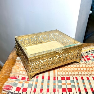 Vintage Gold Ormolu Vanity Box | Gold Ornate Footed Jewelry Box | Beveled Glass Gold Toned Vanity Box | Gold Tone Gasket Box | Gold Filigree