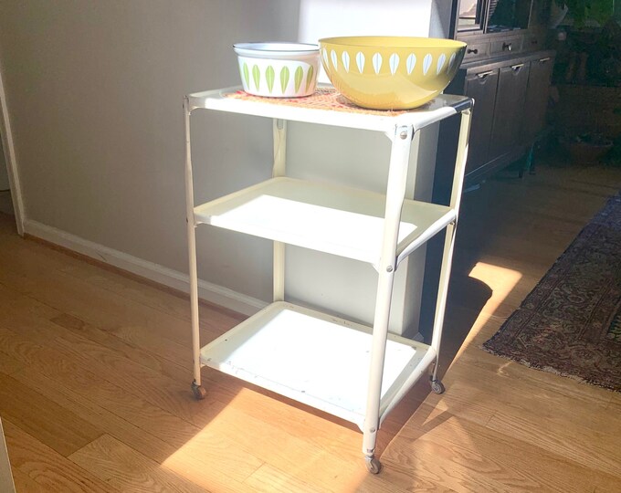 Vintage White Bar Cart MCM Metal Bar Cart 3 Tier Kitchen Cart Utility
