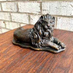 Vintage Bronze Resting Lion Statue | Laying Lion Brass Statue | Bronze Lion Figuring | Lion Sculpture | Mid Century Lion Statue