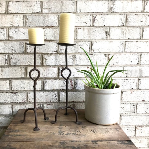 Pair of Iron Candle Stick | Two Rod Iron Candle Holders | Wrought Iron Candlestick Holders | Bare Steel Twisted Metal Candle Stands | Rustic