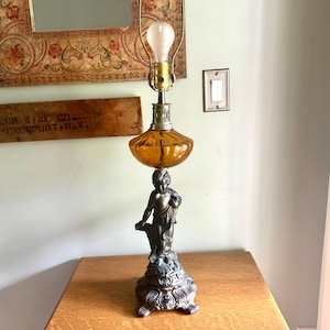 Vintage Brass Cherub and Amber Glass Lamp | Cherub Figurine Lamp | Art Nouveau Cherub Lamp | Hollywood Regency Cherub Lamp