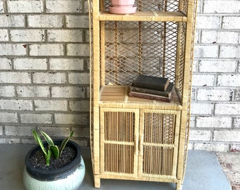 Vintage Bohemian Rattan Arched Shelf | Rattan Bookshelf With Cabinet | Boho Decor | Bohemian Wicker Bookcase | Boho Bathroom Shelf