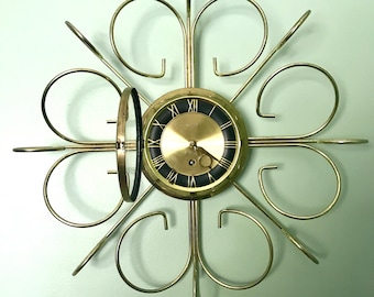 Vintage Retro Starburst Wall Clock | Gold Sunburst Eight Day Wind Up Clock | Mid Century Modern Wall Clock | Brass Retro Modern Wall Clock
