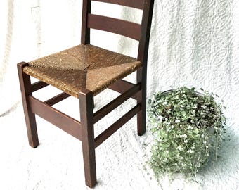 Antique Gustav Stickley Ladder Back Chair | Arts And Crafts Rush Seat Chair | Antique Stickley Mission Chair | Solid Oak Rush Seat Chair