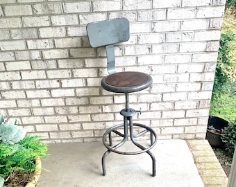 Industrial Drafting Chair | Adjustable Metal Stool | Industrial Seating | Rustic Metal Chair | Swivel Metal Chair | Distressed Factory Stool