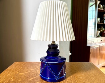 Vintage Small Cobalt Blue Ceramic Lamp | Cobalt Blue Ceramic Table Lamp | Blue Desk Lamp with Plastic Shade | 70's Table Lamp