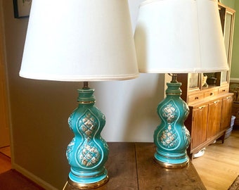 Vintage Pair of Mid Century Ceramic Lamp | MCM Table Lamps | Turquoise Matching Desk Lamps | Art Deco Night Stand Lamps |Turquoise and Gold