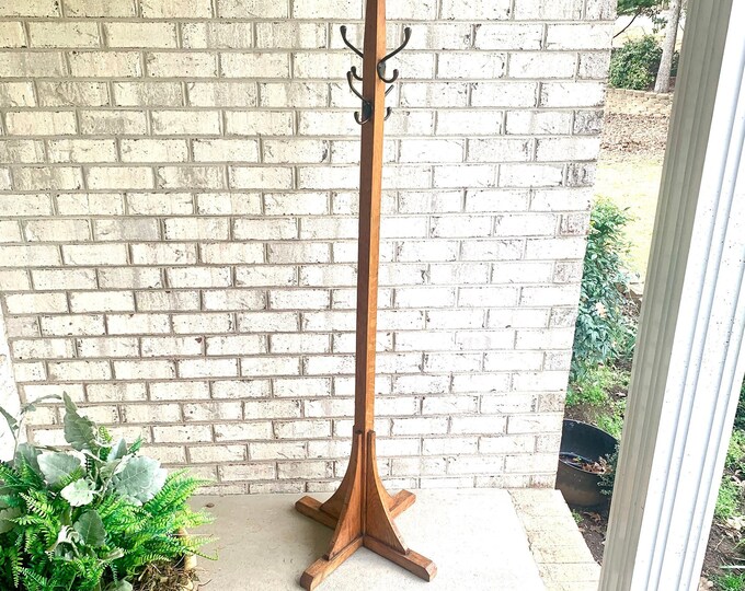Vintage Wood Coat Rack Wooden Coat Stand Arts and Craft Style Hall Tree
