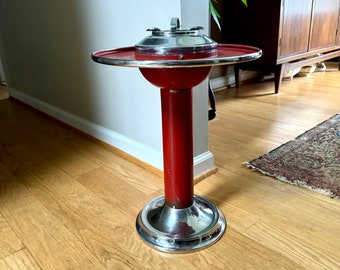 Vintage Metal Ashtray Cocktail Stand | Red Metal Art Deco Smoker's Stand | 40's Train Ashtray Stand | Red Atomic Smoker's Stand |