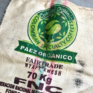 Vintage Columbia Organic Coffee Bean Burlap Sack | Double Sided Coffee Sack | Wall Art | Pillow Case | 36&quot; x 29&quot; | Prop | Cafe Decor