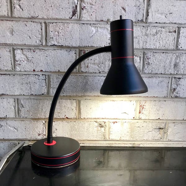 Vintage Black And Red Gooseneck Lamp | Bullet Desk Lamp | Metal Goose Neck Lamp | Retro Style Desk Lamp | Atomic Task Lamp | Flexible Light