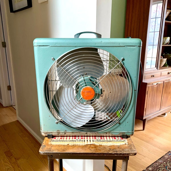 Vintage Large Wizard Breeze Box Fan | Vintage 3 Speed Turquoise Floor Fan | 16" Western Auto Supply Company Box Fan | Metal Box Fan