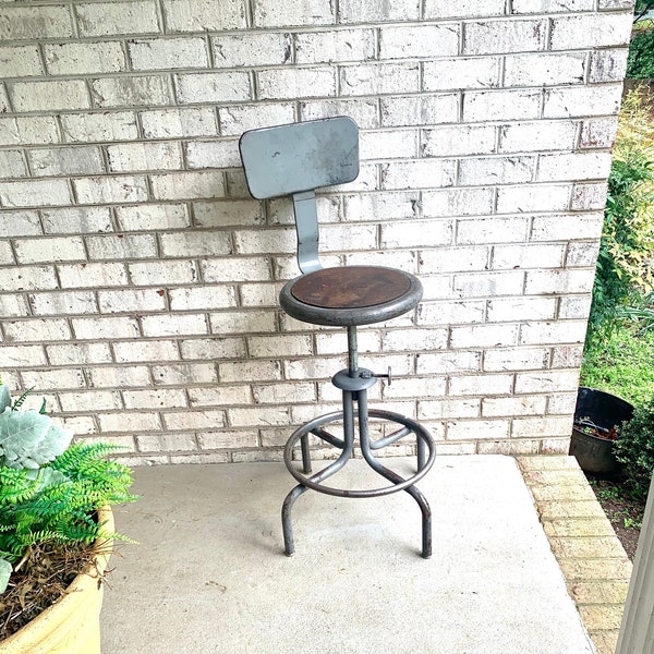 Industrial Drafting Chair | Adjustable Metal Stool | Industrial Seating | Rustic Metal Chair | Swivel Metal Chair | Distressed Factory Stool