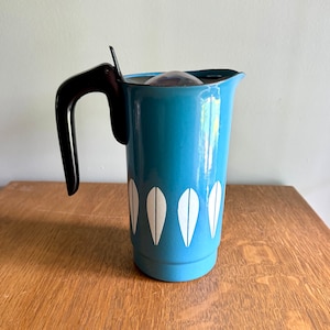 Vintage Cathrineholm Lotus Enamel Coffee Maker | Mid Century Enamel Coffee Percolator | Turquoise on White Lotus Design Enamel Coffee Maker