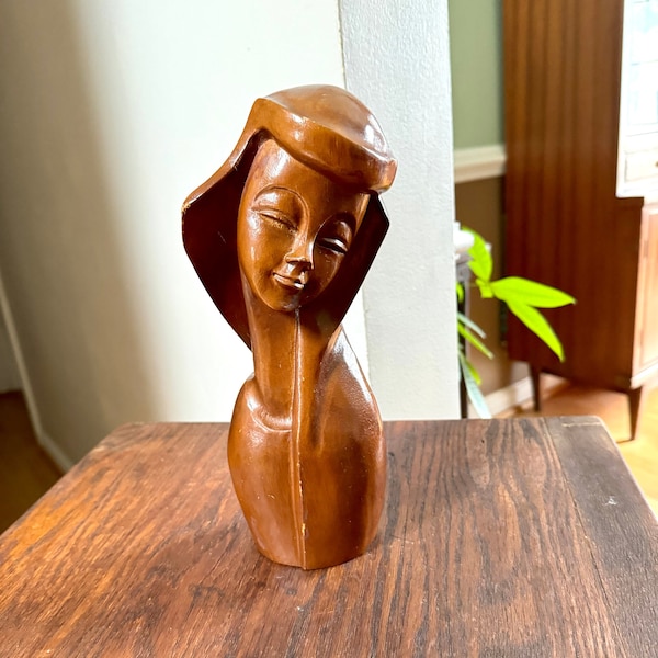 Buste de femme vintage MCM à sculpter sur bois | Sculpture sur bois art déco hawaïenne | Sculpture en bois féminine MCM en bois |