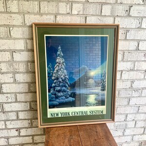 Vintage Leslie Ragan Print | New York Central System Print | Winter Train Print | Oprawiony i oprawiony w passe-partout obraz Leslie Ragan | Dekoracja świąteczna |