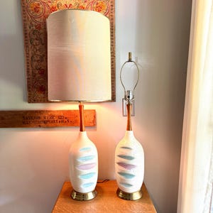 Pair of Mid Century White Ceramic Lamps | Matching MCM Ceramic and Teak Lamps | White Textured Grooved Colorful Ceramic Lamps(Shade Not Inc)
